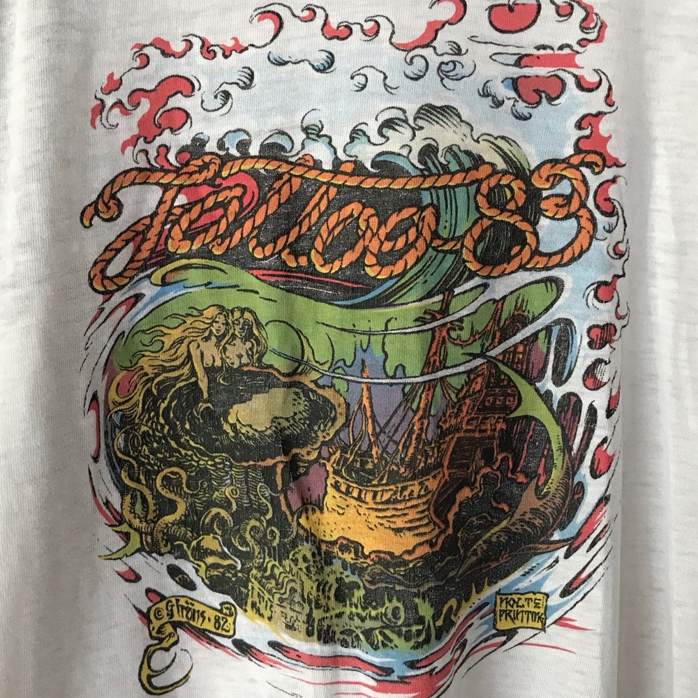 GREG IRONS TATTOO ARTWORK ON VINTAGE 80s BASEBALL TSHIRT DATED 1982 MENS LARGE